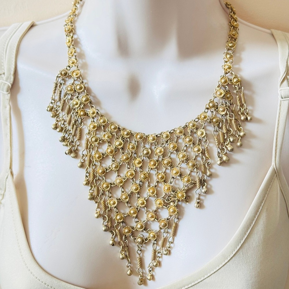 Belly‎ Dancer Cha Cha Bib Necklace VTG Statement Collar Brass Gold Chainmail 17"